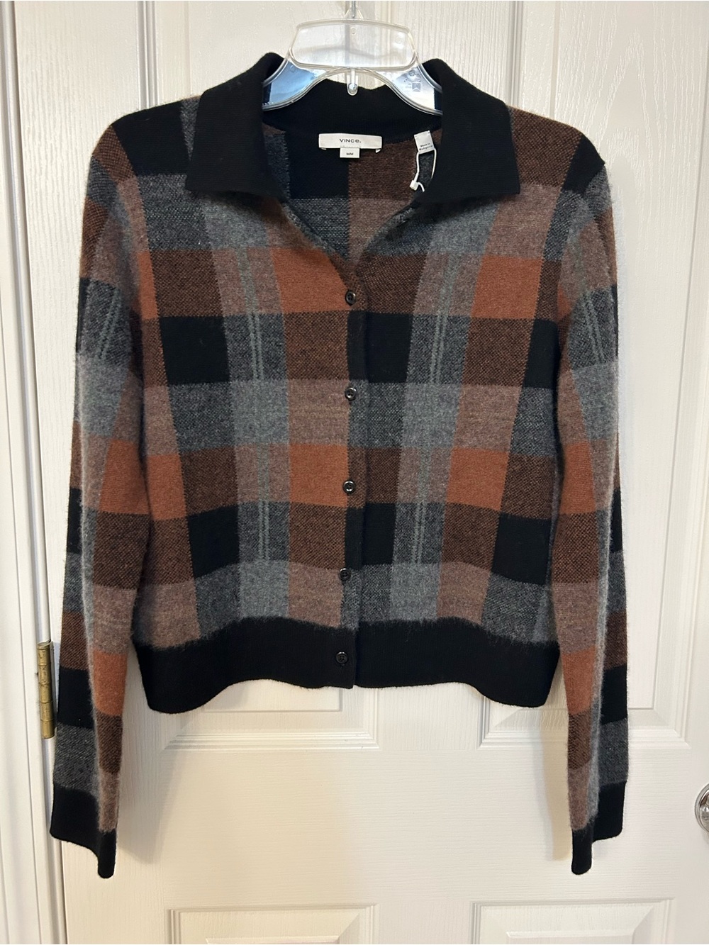 Vince Cashmere Check Plaid Cardigan in CACAO / HEATHER PEWTER / BLACK Size M - Picture 4 of 8